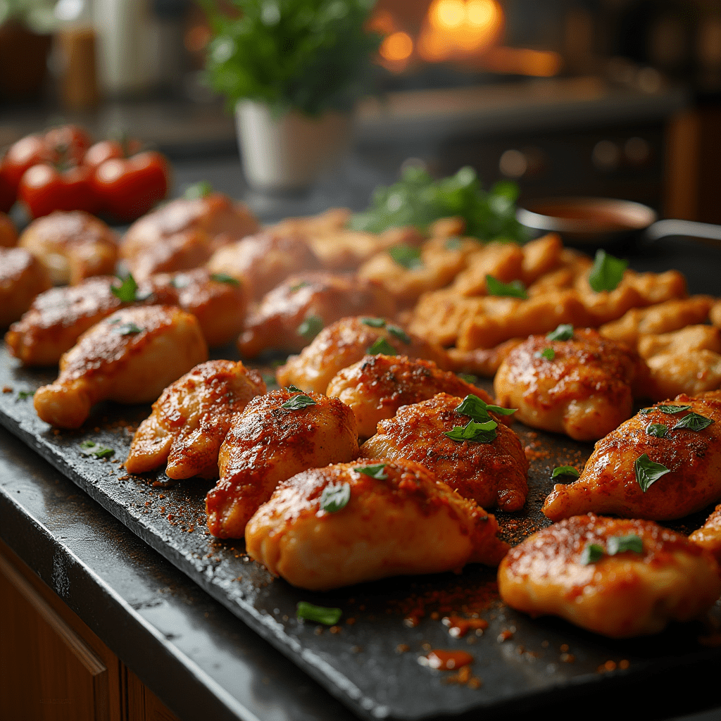 Juicy grilled chicken cooking on a Blackstone griddle with fresh herbs and spices