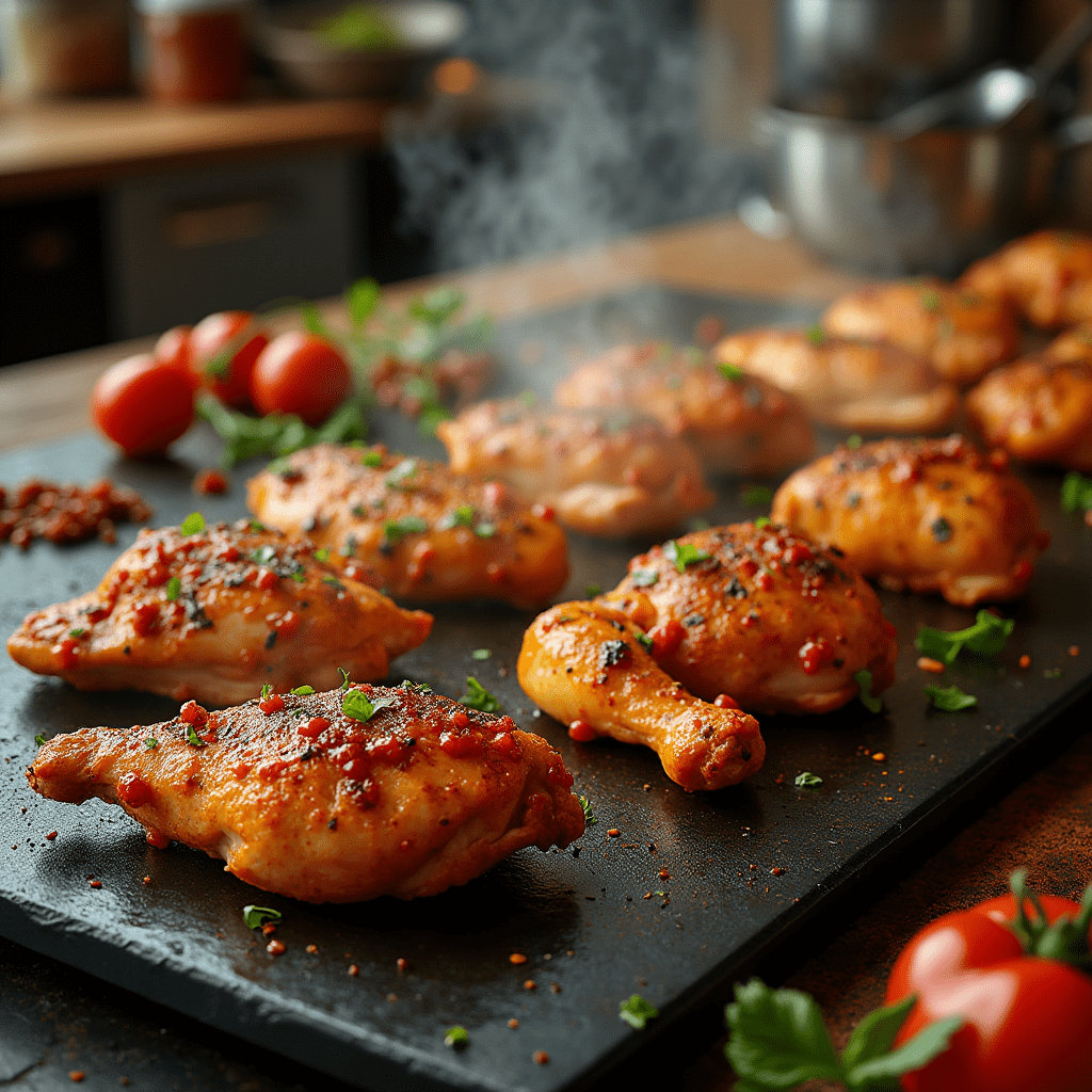 Juicy grilled chicken cooking on a Blackstone griddle with fresh herbs and spices