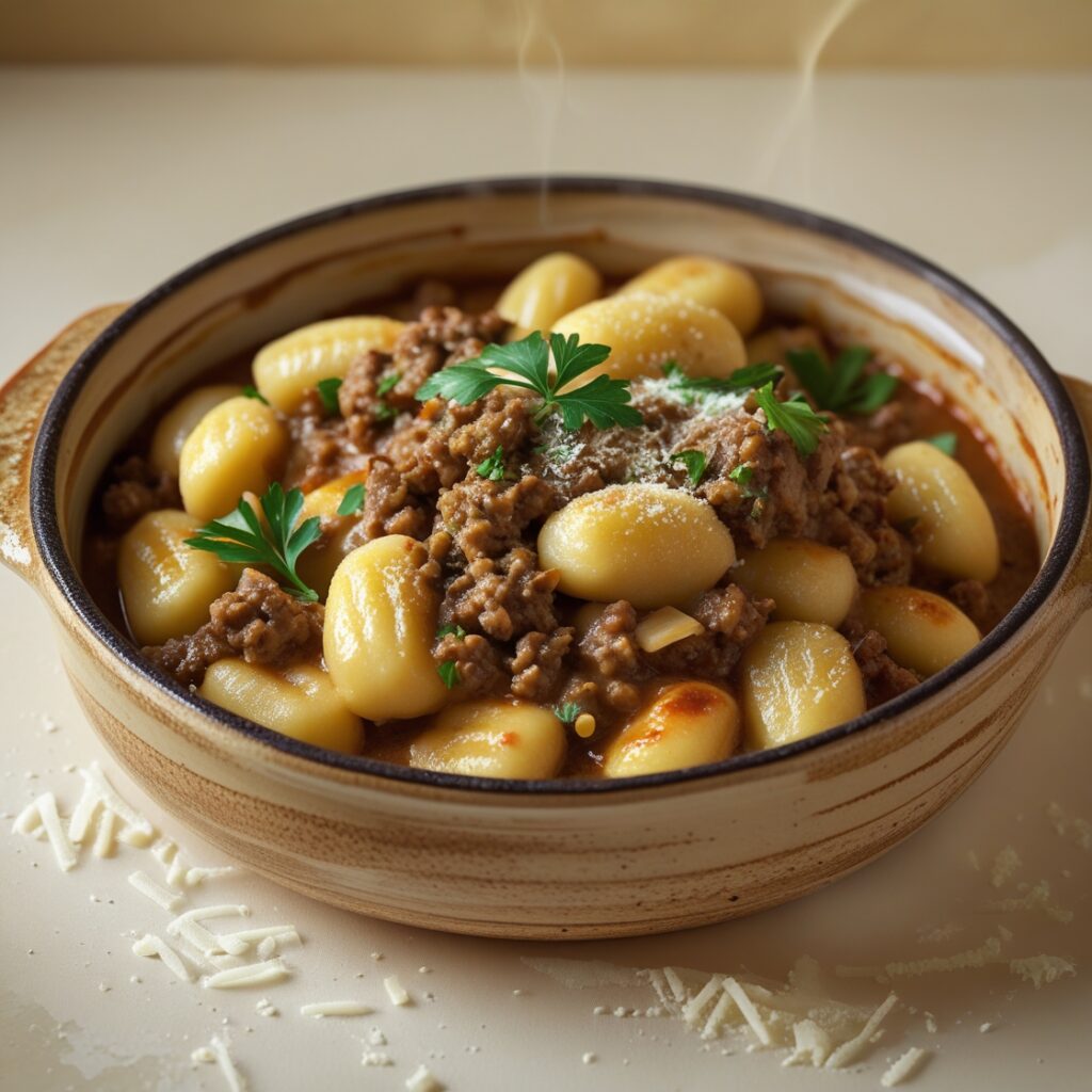 Close-up of baked gnocchi with sausage in a creamy, cheesy sauce, garnished with fresh herbs