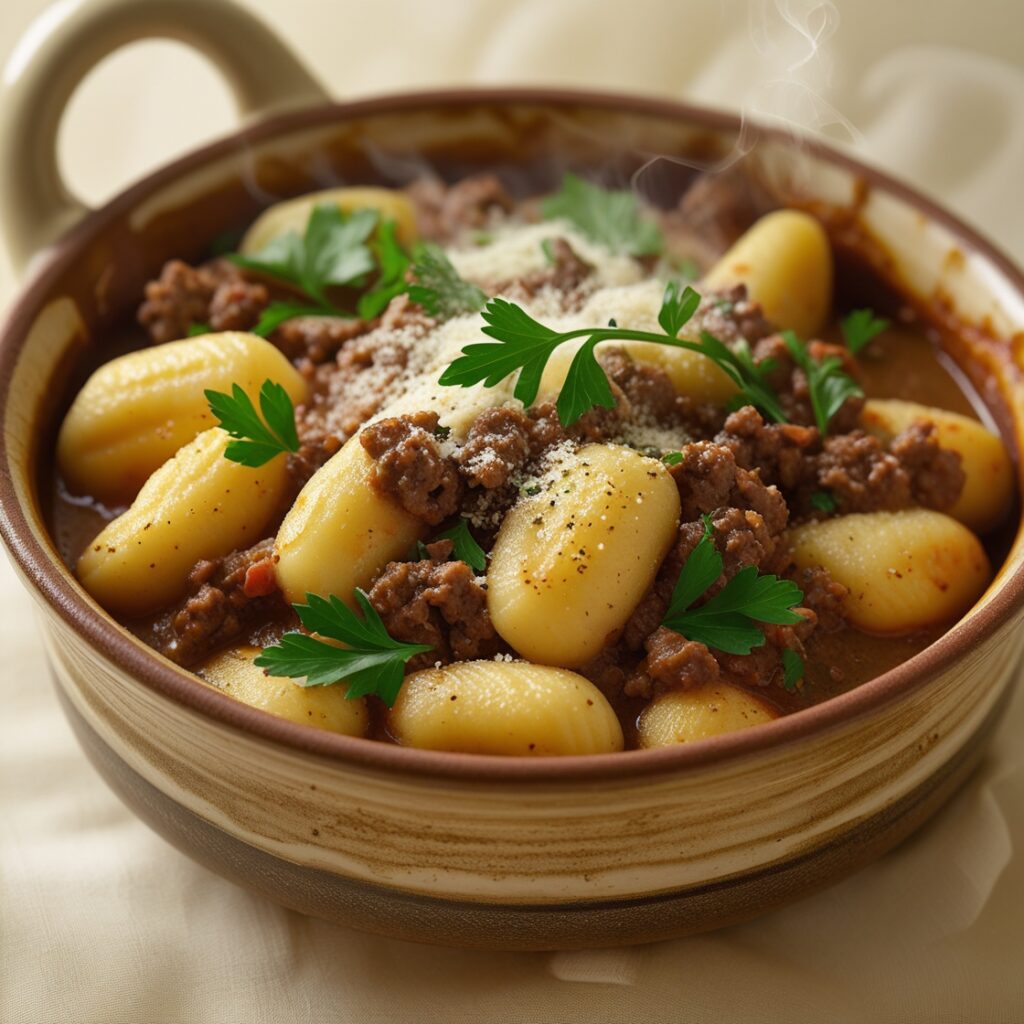 Close-up of baked gnocchi with sausage in a creamy, cheesy sauce, garnished with fresh herbs