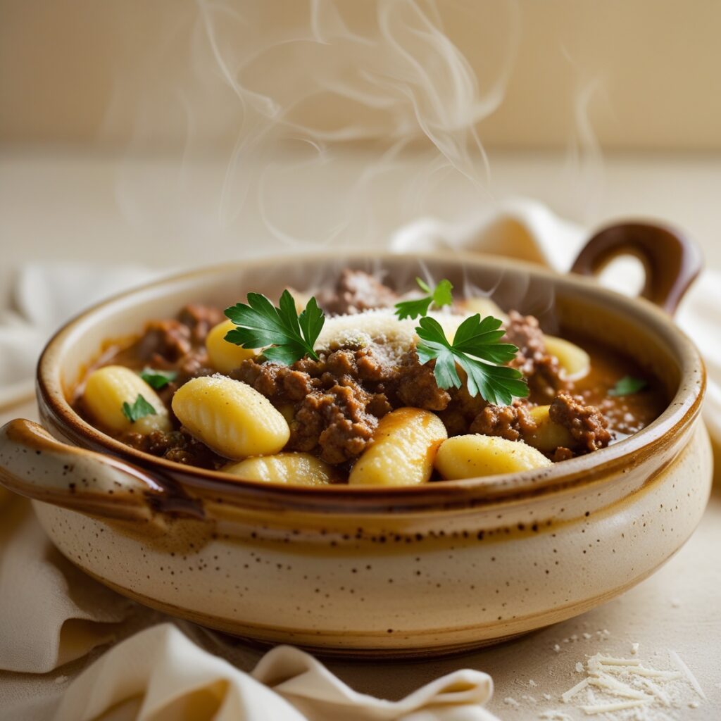 Close-up of baked gnocchi with sausage in a creamy, cheesy sauce, garnished with fresh herbs