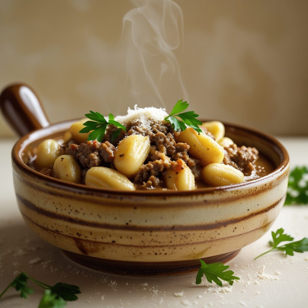 Close-up of baked gnocchi with sausage in a creamy, cheesy sauce, garnished with fresh herbs.