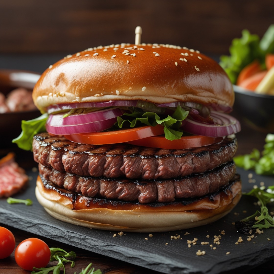 Close-up of a gourmet Wagyu beef burger topped with melted cheese, lettuce, tomato, and a toasted brioche bun