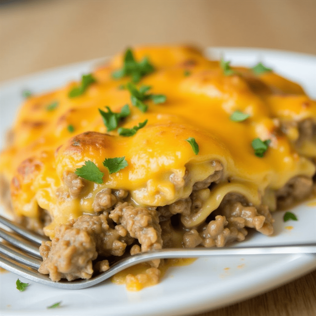 Cheesy hamburger casserole with melted cheese and savory ingredients, served on a plate alongside fresh vegetables and garlic bread.