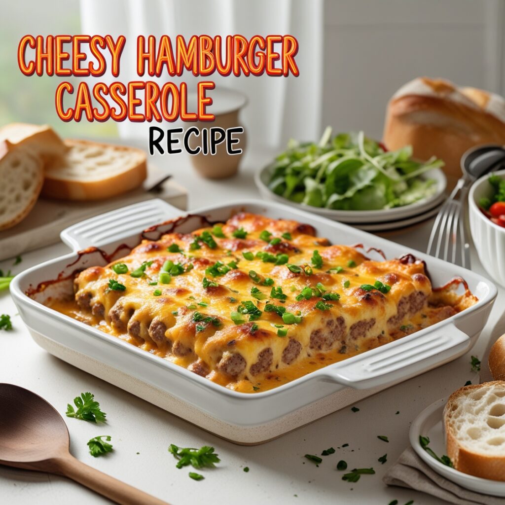 Cheesy hamburger casserole with melted cheese and savory ingredients, served on a plate alongside fresh vegetables and garlic bread.