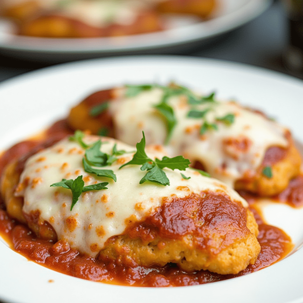 Golden, crispy Chicken Parmesan with rich marinara sauce and melted mozzarella, ready to serve.