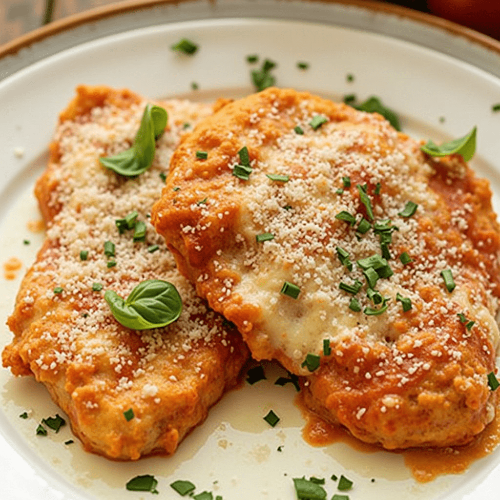 Golden, crispy Chicken Parmesan with rich marinara sauce and melted mozzarella, ready to serve.