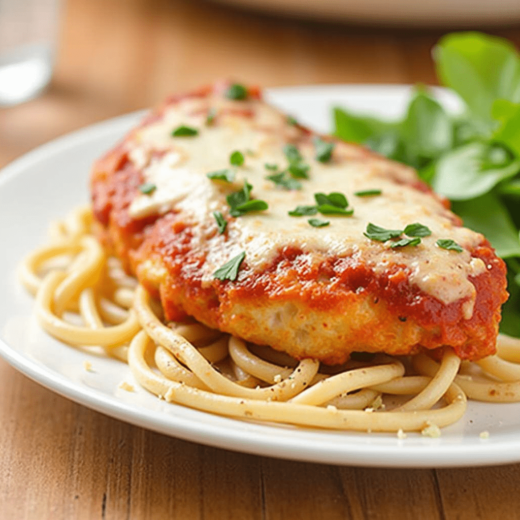 Golden, crispy Chicken Parmesan with rich marinara sauce and melted mozzarella, ready to serve.