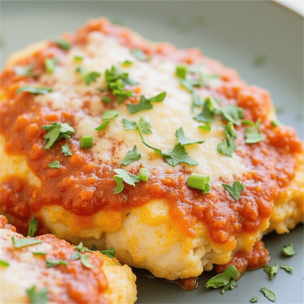 Golden, crispy Chicken Parmesan with rich marinara sauce and melted mozzarella, ready to serve.