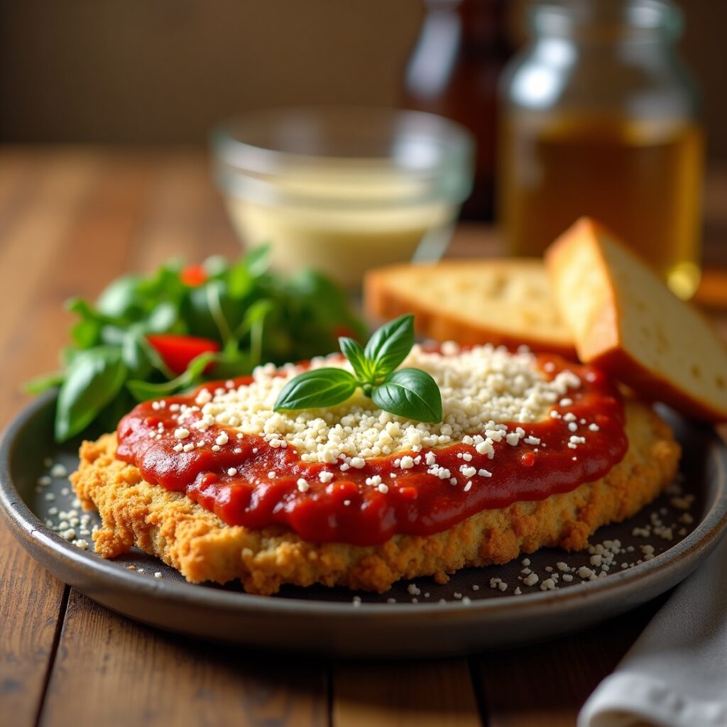 Golden, crispy Chicken Parmesan with rich marinara sauce and melted mozzarella, ready to serve.