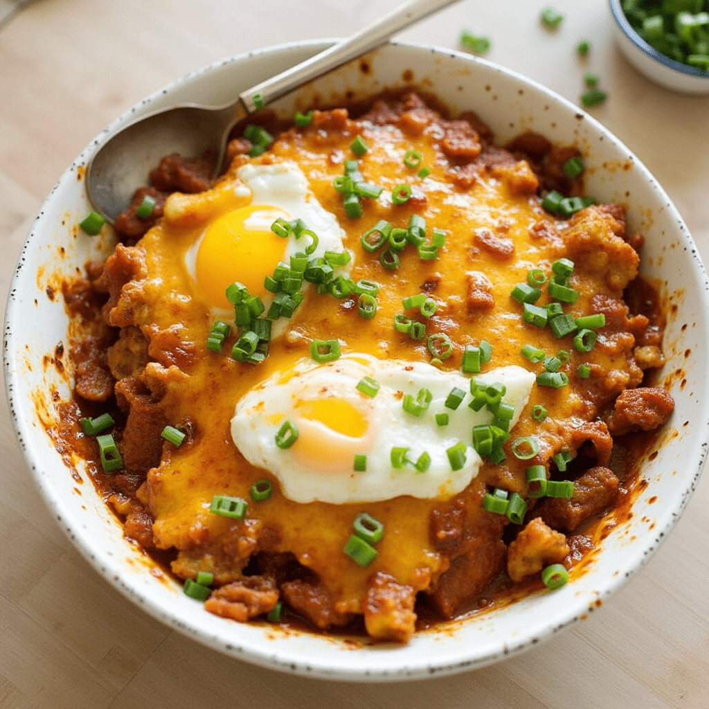 A vibrant plate of Chorizo & Egg Chilaquiles topped with fresh cilantro, avocado slices, and crumbled cheese, served on a rustic wooden table.