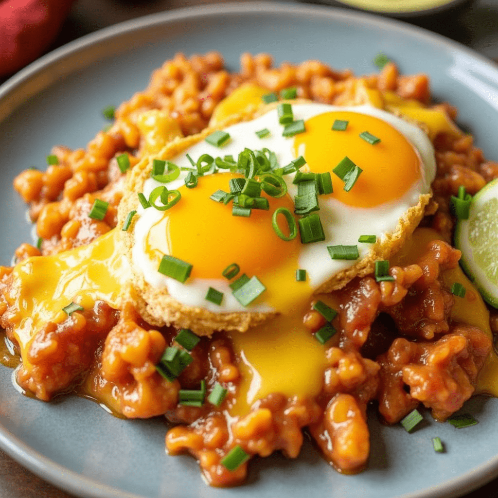 A vibrant plate of Chorizo & Egg Chilaquiles topped with fresh cilantro, avocado slices, and crumbled cheese, served on a rustic wooden table.