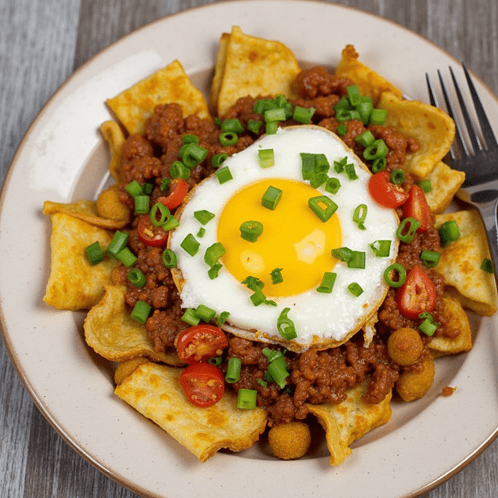 A vibrant plate of Chorizo & Egg Chilaquiles topped with fresh cilantro, avocado slices, and crumbled cheese, served on a rustic wooden table.