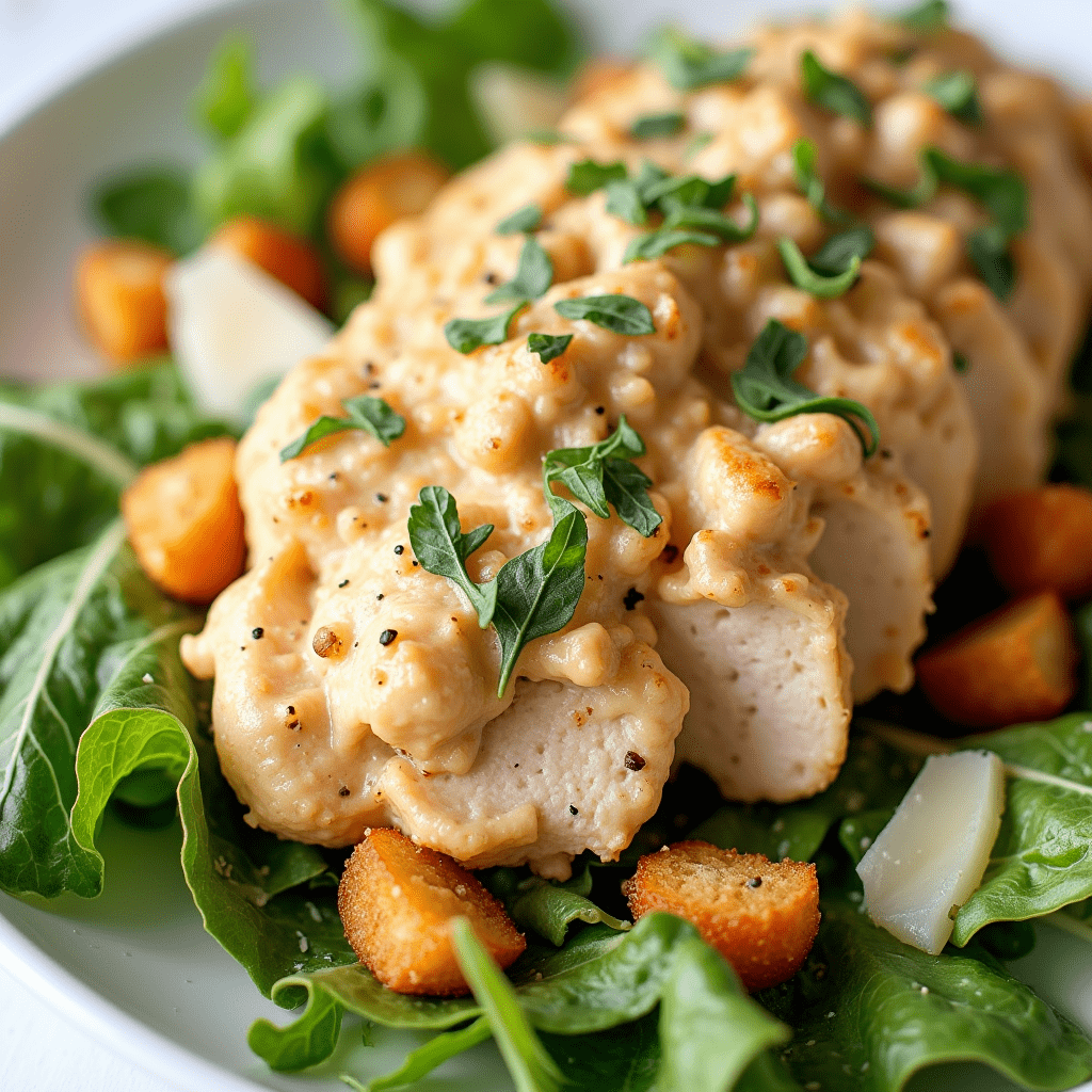 Golden-brown creamy Caesar diced chicken served over a bed of crisp romaine lettuce