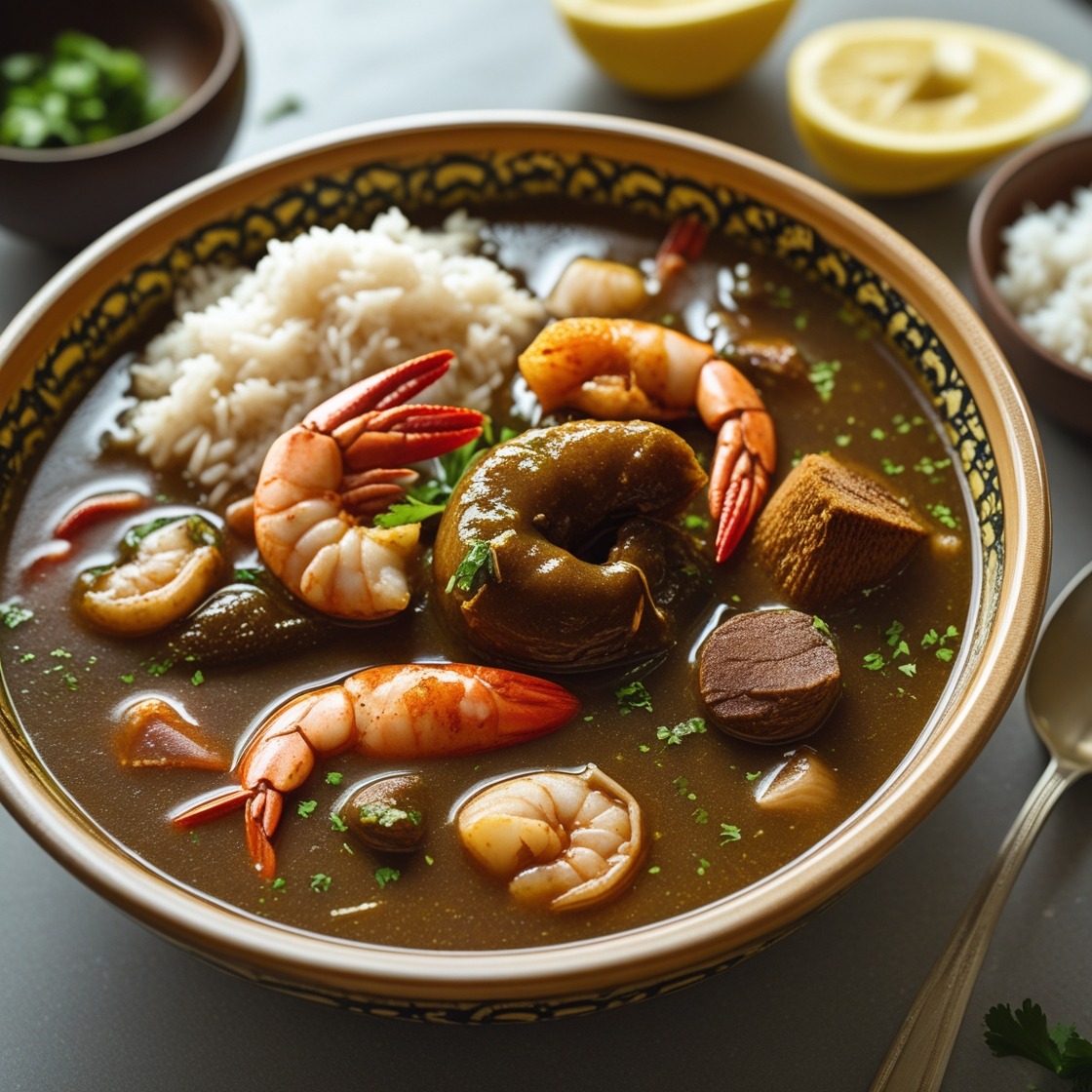 Delicious Creole gumbo served in a bowl with shrimp, sausage, and vegetables, showcasing the rich flavors and history of Louisiana cuisine