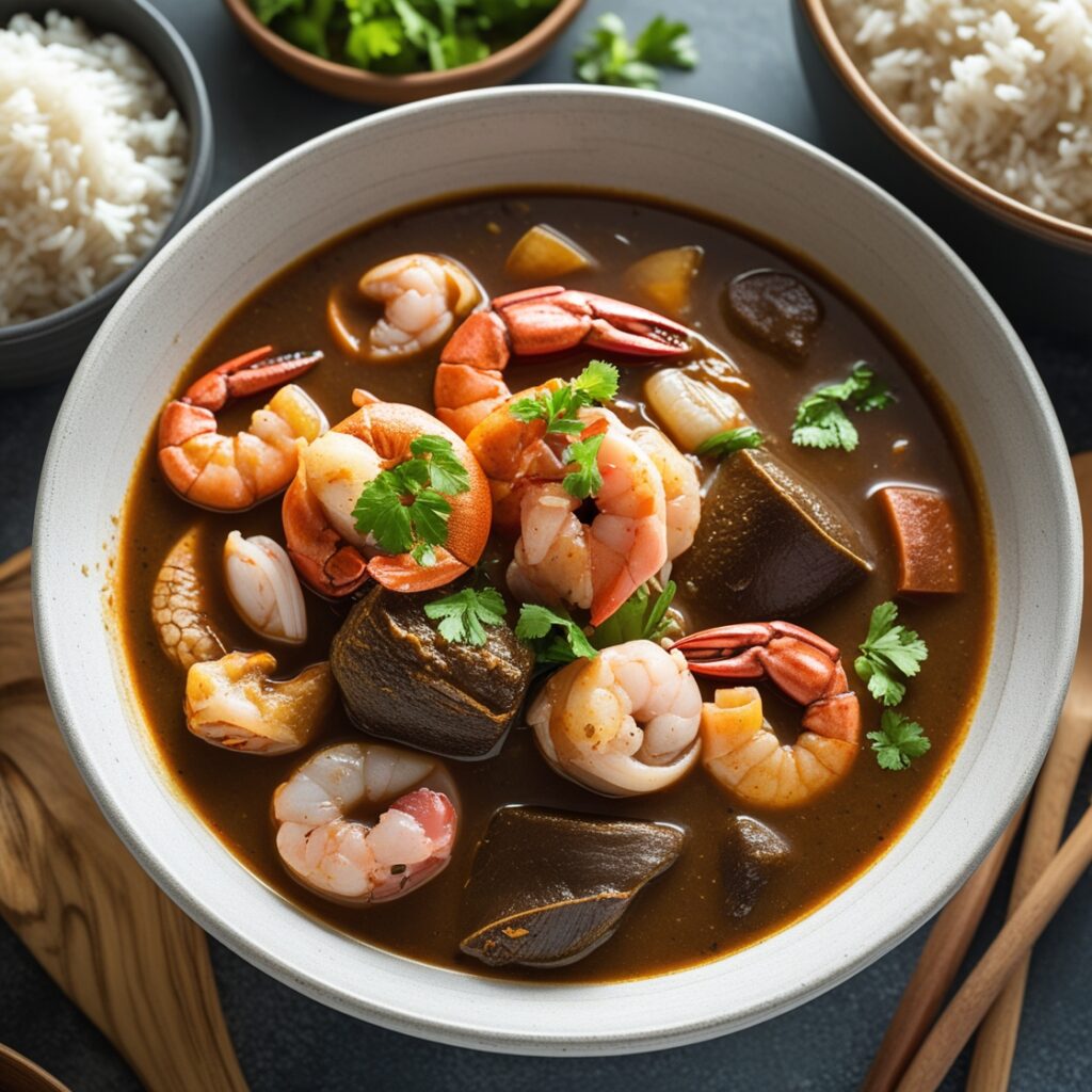 "Delicious Creole gumbo served in a bowl with shrimp, sausage, and vegetables, showcasing the rich flavors and history of Louisiana cuisine.