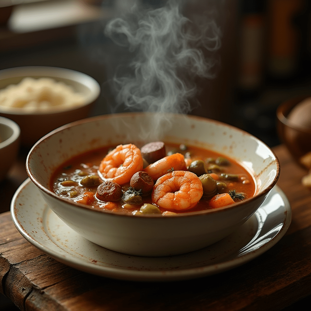 Delicious Creole gumbo served in a bowl with shrimp, sausage, and vegetables, showcasing the rich flavors and history of Louisiana cuisine.