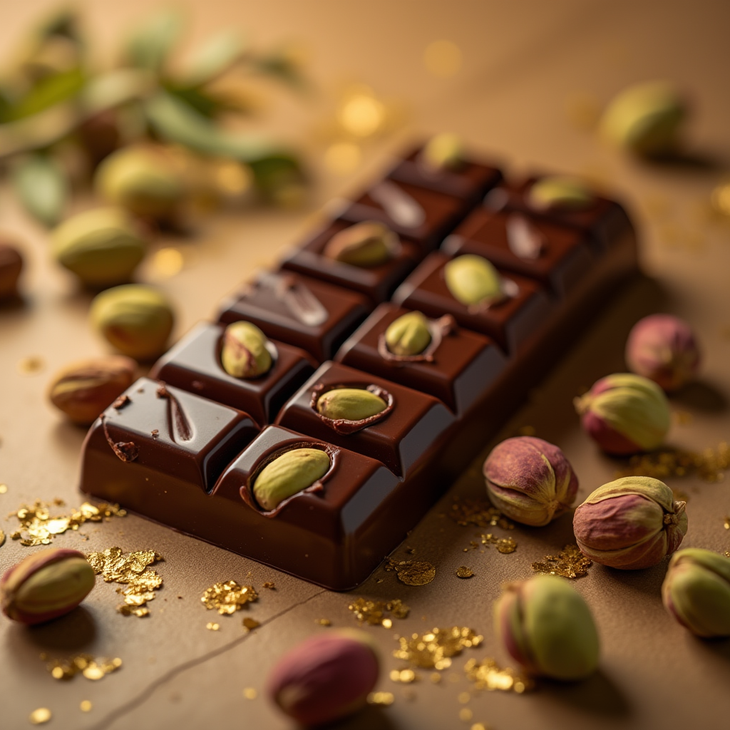 A rich, handcrafted pistachio chocolate bar featuring roasted pistachios embedded in smooth dark chocolate.