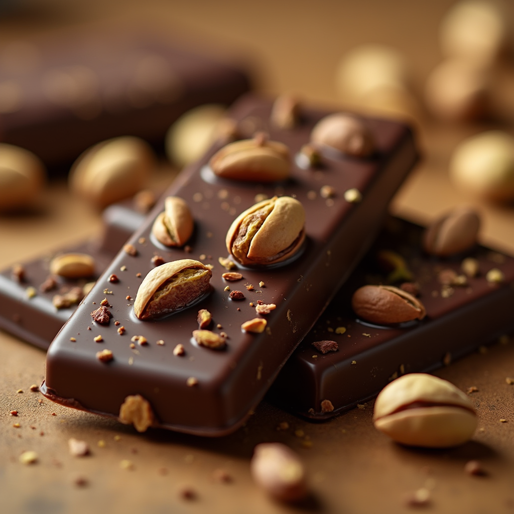 A rich, handcrafted pistachio chocolate bar featuring roasted pistachios embedded in smooth dark chocolate.