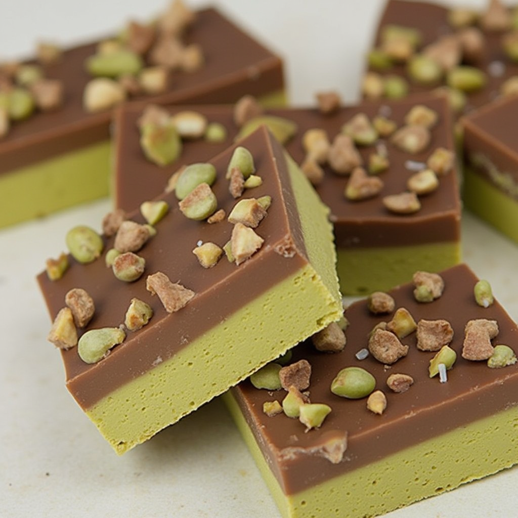 A rich, handcrafted pistachio chocolate bar featuring roasted pistachios embedded in smooth dark chocolate