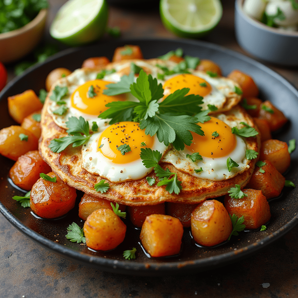 Delicious Mexican potatoes breakfast with crispy potatoes, fresh cilantro, and a fried egg