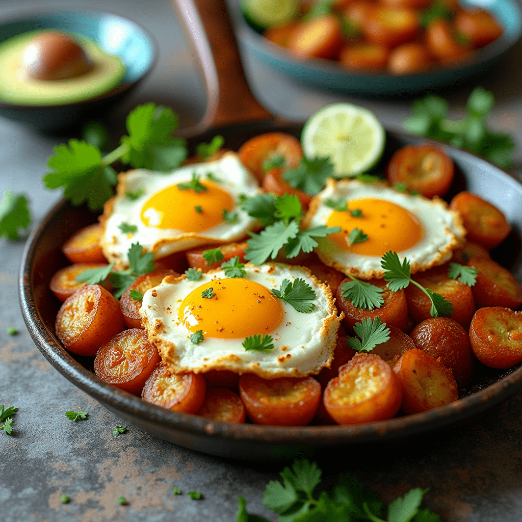 Delicious Mexican potatoes breakfast with crispy potatoes, fresh cilantro, and a fried egg