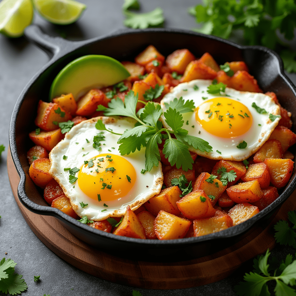 Delicious Mexican potatoes breakfast with crispy potatoes, fresh cilantro, and a fried egg