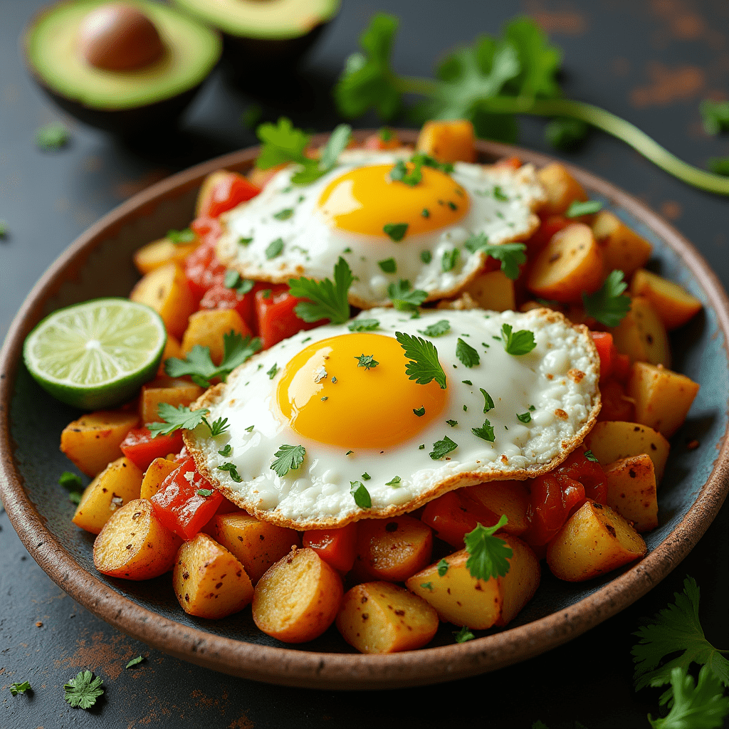 Delicious Mexican potatoes breakfast with crispy potatoes, fresh cilantro, and a fried egg