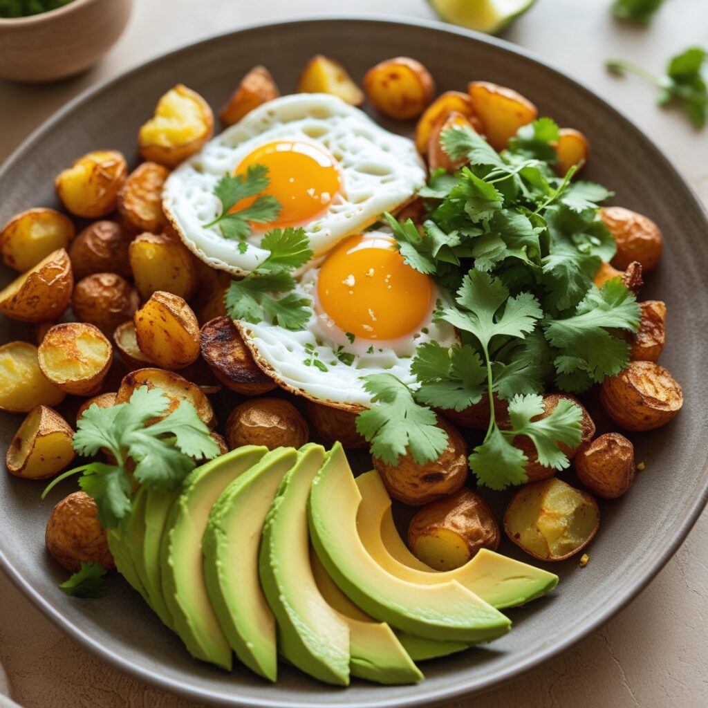 Delicious Mexican potatoes breakfast with crispy potatoes, fresh cilantro, and a fried egg