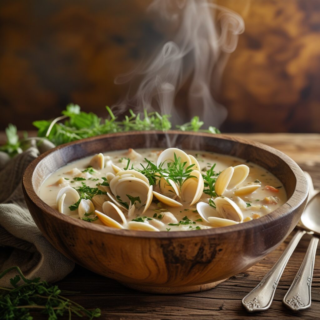 A warm bowl of creamy clam chowder served with crispy bread, showcasing a budget-friendly yet flavorful homemade meal.