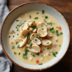 A warm bowl of creamy clam chowder served with crispy bread, showcasing a budget-friendly yet flavorful homemade meal