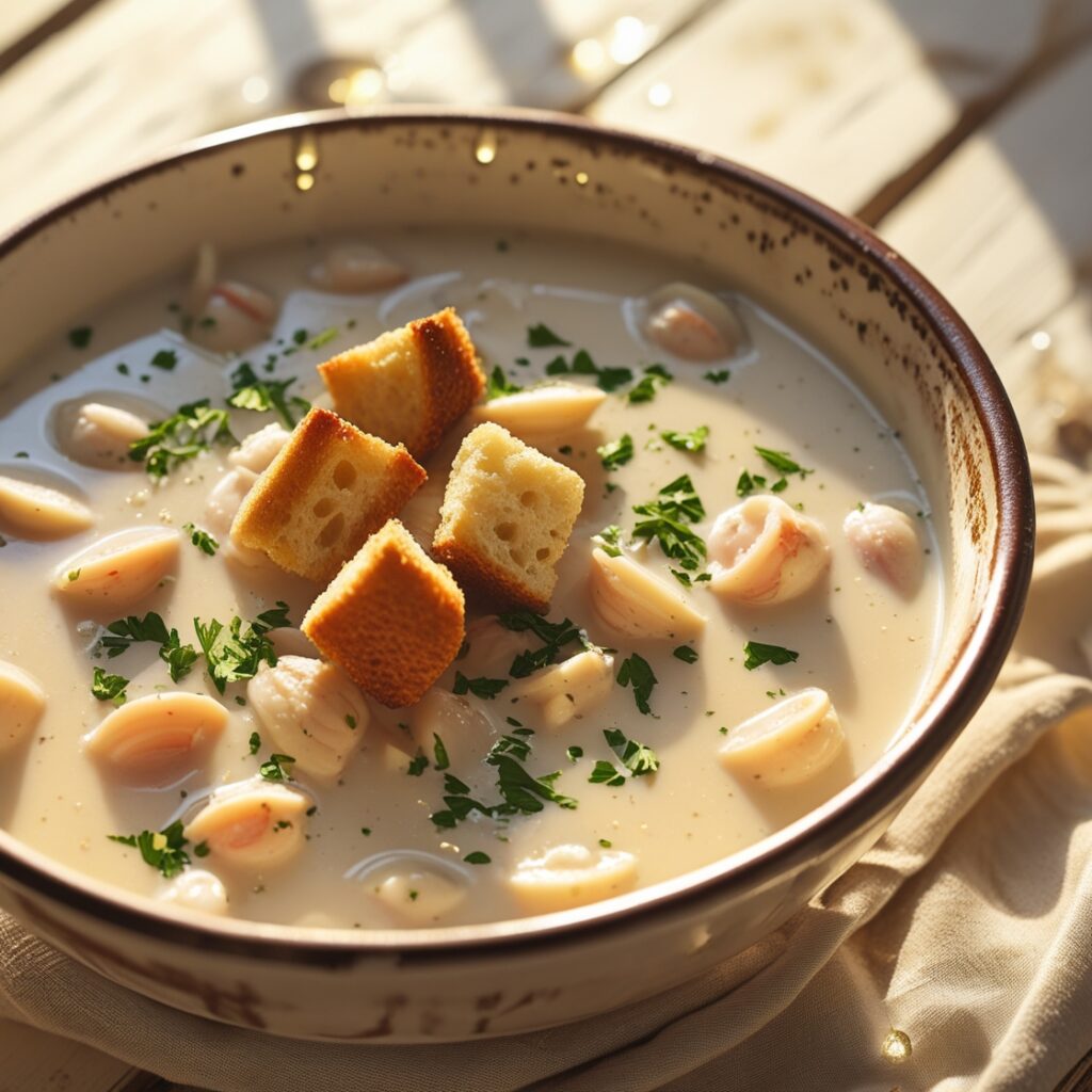 A warm bowl of creamy clam chowder served with crispy bread, showcasing a budget-friendly yet flavorful homemade meal.