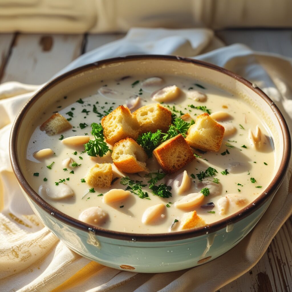 A warm bowl of creamy clam chowder served with crispy bread, showcasing a budget-friendly yet flavorful homemade meal