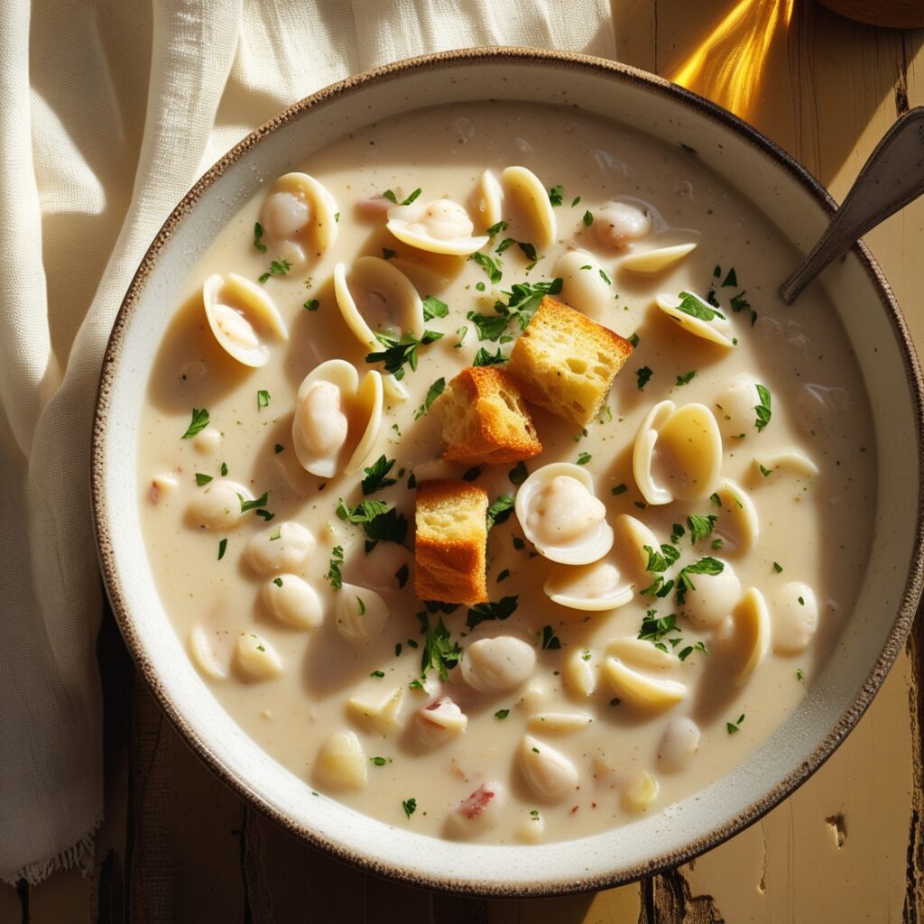 A warm bowl of creamy clam chowder served with crispy bread, showcasing a budget-friendly yet flavorful homemade meal