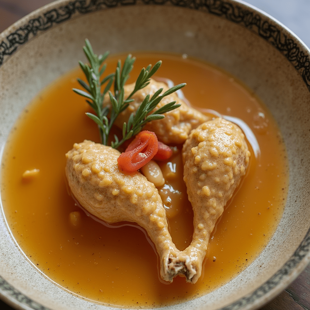 A steaming bowl of Grandma's chicken soup, filled with fresh vegetables and tender chicken, served with a side of crusty bread.