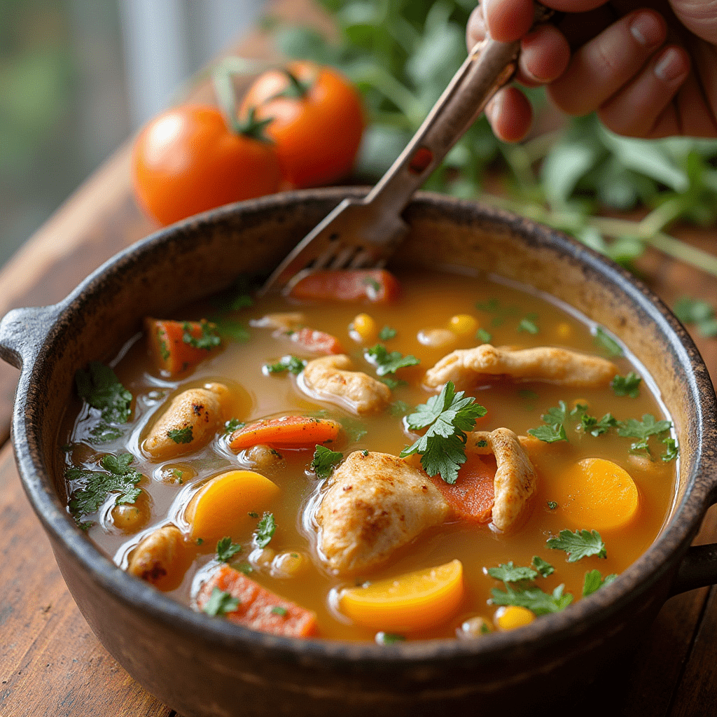 A steaming bowl of Grandma's chicken soup, filled with fresh vegetables and tender chicken, served with a side of crusty bread.