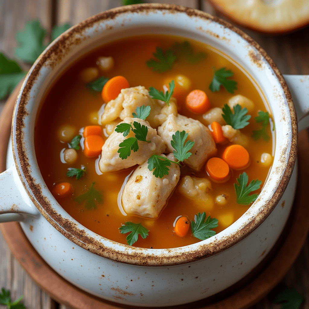 A steaming bowl of Grandma's chicken soup, filled with fresh vegetables and tender chicken, served with a side of crusty bread