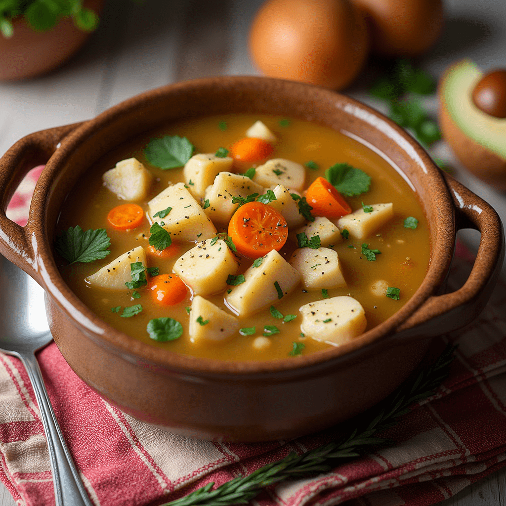 A steaming bowl of Grandma's chicken soup, filled with fresh vegetables and tender chicken, served with a side of crusty bread.