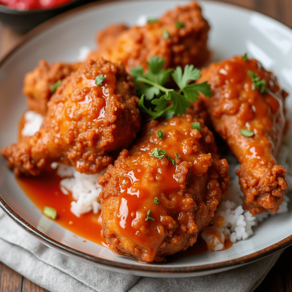 Korean Gochujang Fried Chicken with crispy coating and spicy-sweet glaze served with pickled radish and steamed rice