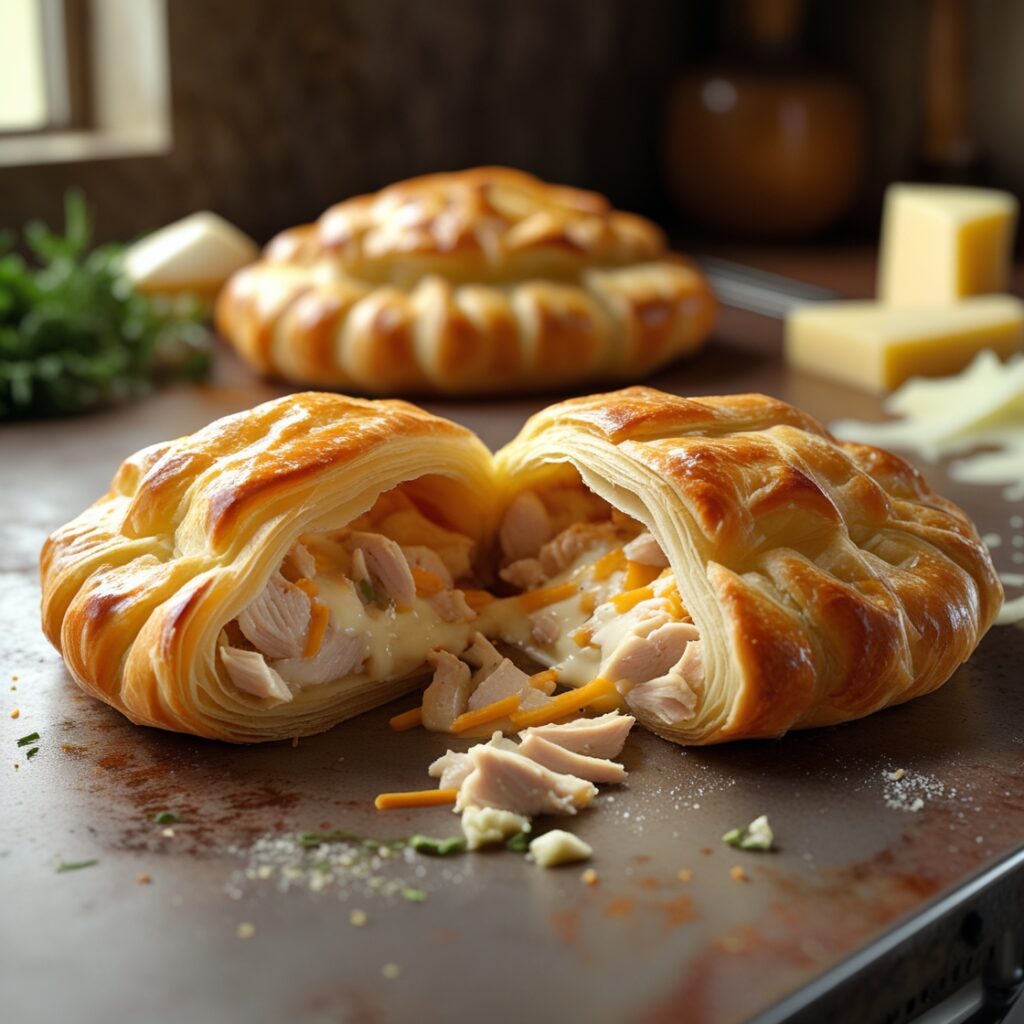 A golden, flaky chicken and cheese jalousie fresh out of the oven, with a crispy puff pastry crust and a rich, cheesy filling