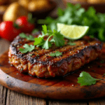 A perfectly grilled chipotle steak served with vibrant sides, garnished with fresh herbs and lime wedges