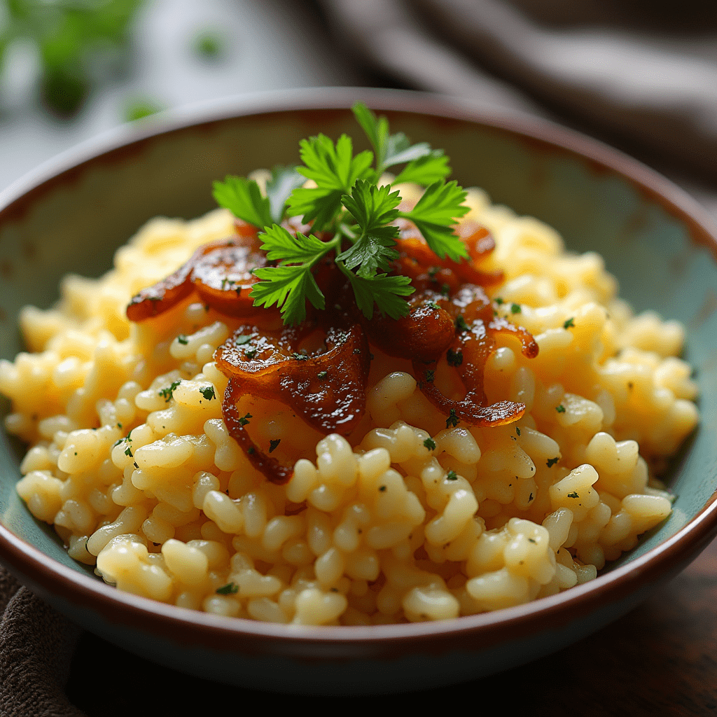 Close-up shot of creamy, buttery rice infused with rich onion flavor