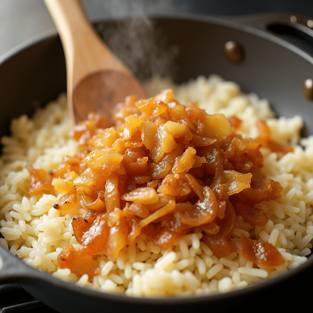 Golden caramelized onions layered over fluffy rice for an indulgent dish.