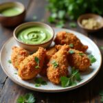 Golden crispy chicken modigas served with mint chutney and garnished with fresh coriander leaves