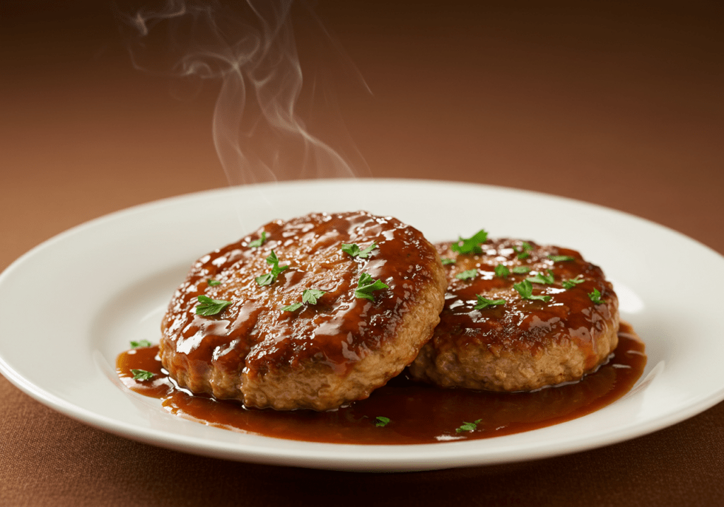 uicy ground chicken Salisbury steak served with creamy mashed potatoes and rich gravy.