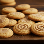 Freshly baked sourdough sugar cookies on a rustic wooden tray, dusted with powdered sugar, surrounded by baking ingredients