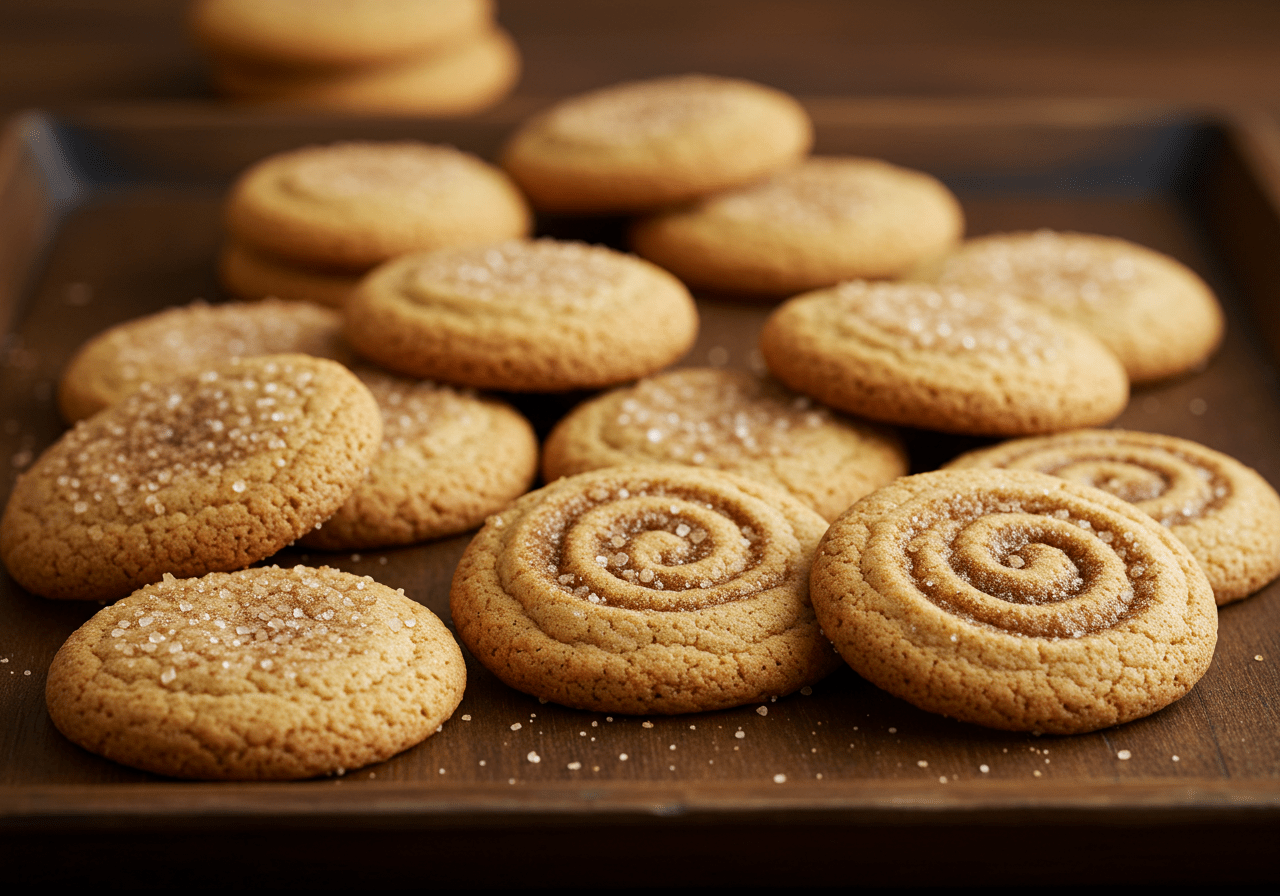 Freshly baked sourdough sugar cookies on a rustic wooden tray, dusted with powdered sugar, surrounded by baking ingredients